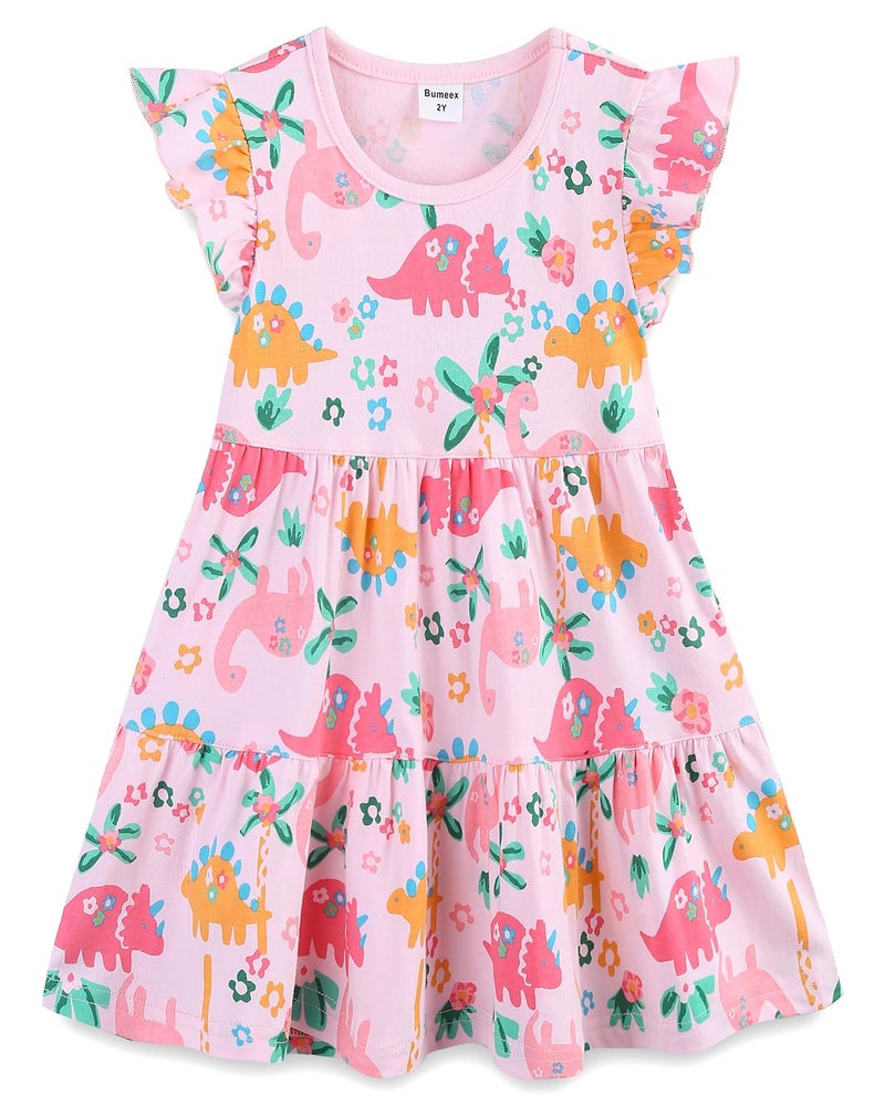 Bumeex Kids Big Girl Summer Dress Cotton Pocket Easter Ruffle Short Sleeve Tiered Swing Twirly Casual Sundress Dresses for Girls Clothes Outfits Clothing Pink Dinosaur 10-11 Years - Image 1