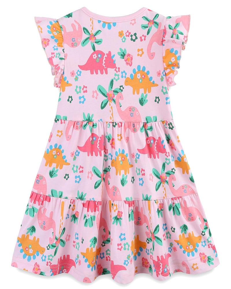 Bumeex Kids Big Girl Summer Dress Cotton Pocket Easter Ruffle Short Sleeve Tiered Swing Twirly Casual Sundress Dresses for Girls Clothes Outfits Clothing Pink Dinosaur 10-11 Years - Image 2