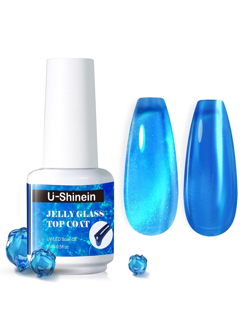 U-Shinein Jelly Gel Nail Polish, Top Coat Gel Nail Polish for Jelly Glass Finish, Sheer Blue Crystal Translucent Gel Nail Polish Jelly Glass Top Coat Gel Soak Off UV/LED for Nail Art Manicure Salon 