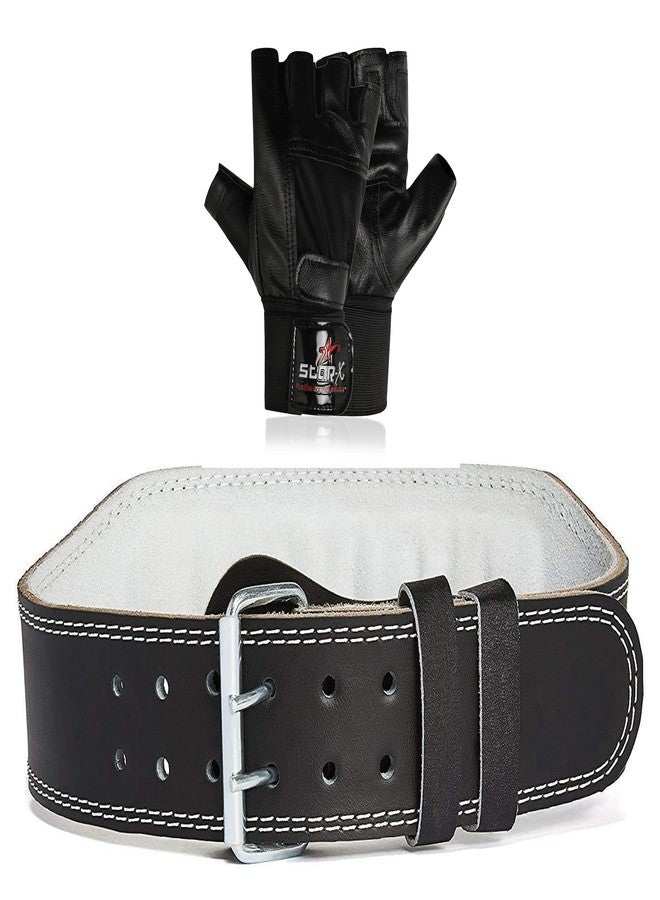 Starx Leather Unisex Fitness and Sports Large Gym Belt and Gloves (Black, Pack of 2) | Gym Equipment for Home Gym Workout Weight Lifting Strength Training & Exercise Fitness Gym Accessories - Image 1