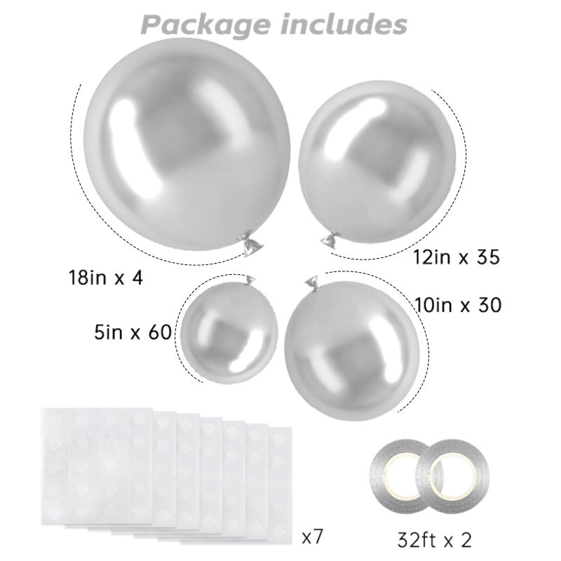 RUBFAC Silver Balloons 129pcs Different Sizes 18 12 10 5 Inches, Metallic Balloon Garland Arch Kit for Birthday Party Graduation Wedding Holiday Decoration - Image 2