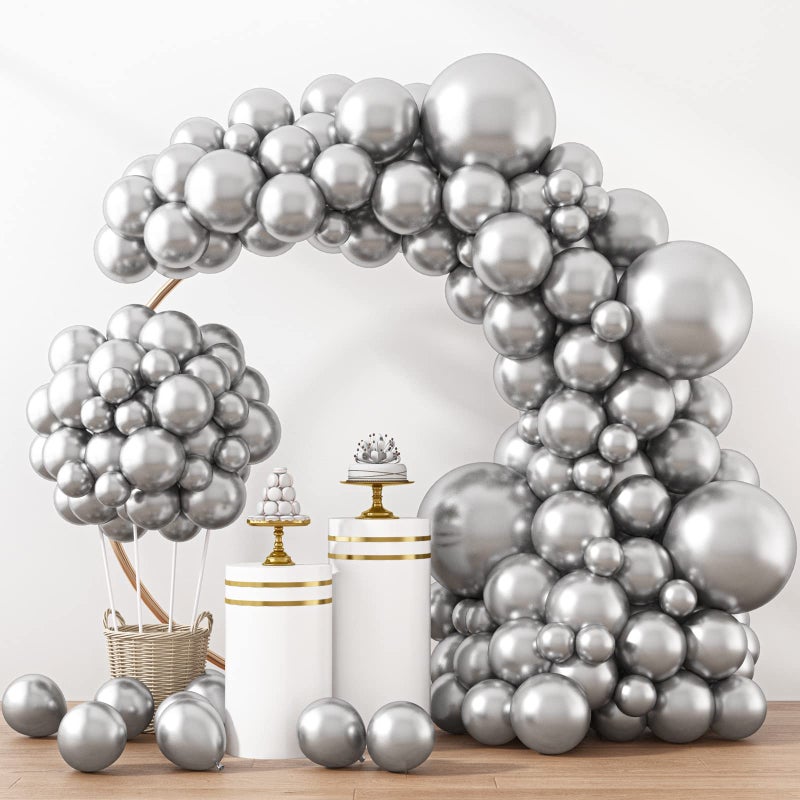 RUBFAC Silver Balloons 129pcs Different Sizes 18 12 10 5 Inches, Metallic Balloon Garland Arch Kit for Birthday Party Graduation Wedding Holiday Decoration - Image 1