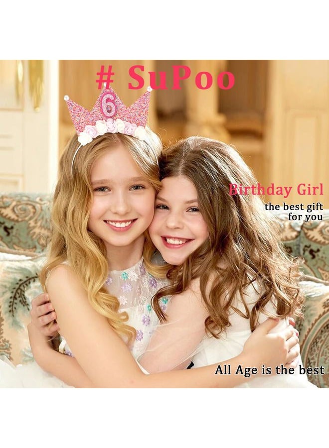 SuPoo Birthday Decorations for Girls - 6th Birthday Headband Crown, Glitter Hair Band, Flower Princess Tiara Hair Accessory for Party - Image 3
