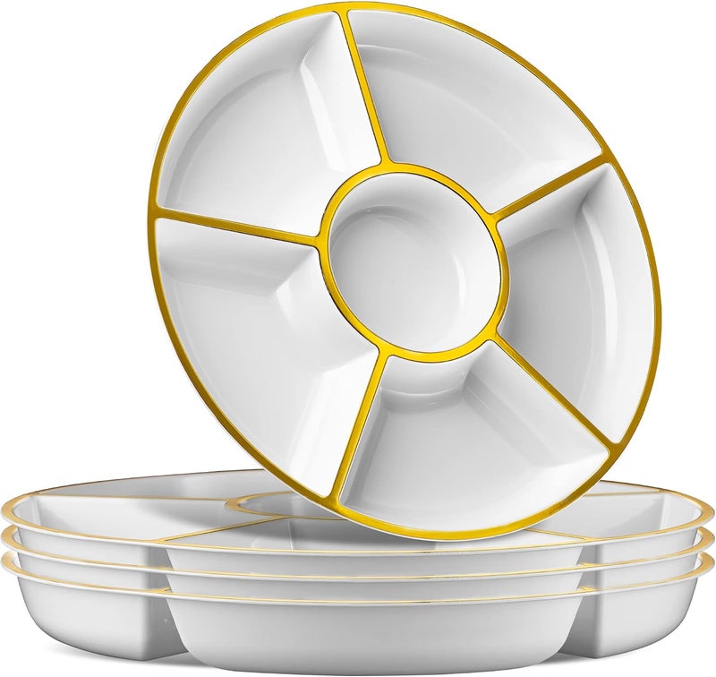 PLASTICPRO 6 Sectional Round Plastic Serving Tray/Platter (2, White & Gold) - Image 1