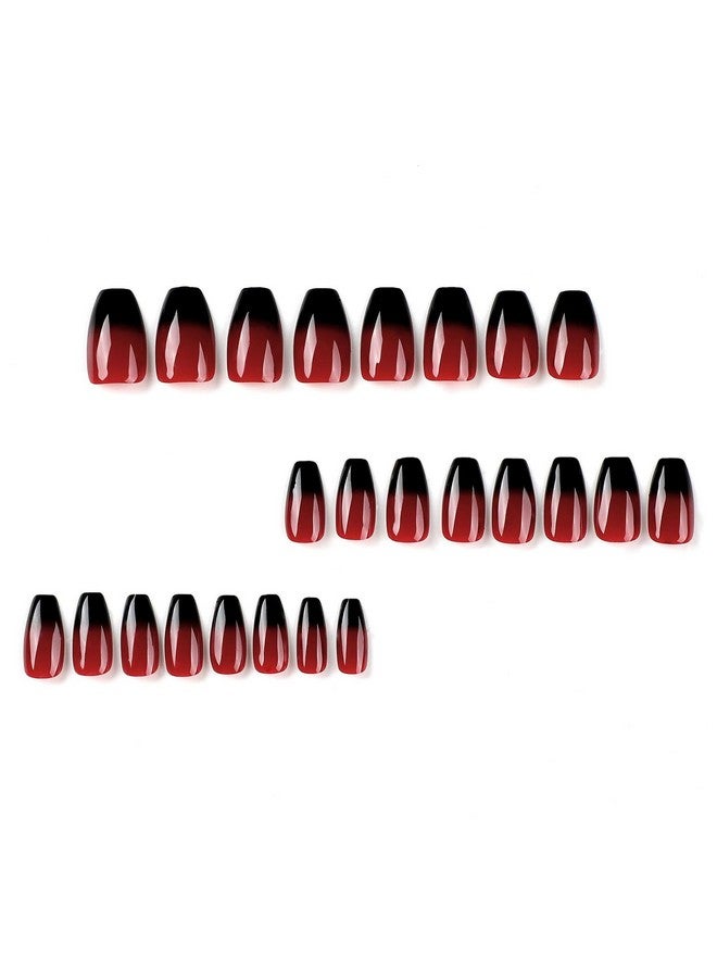 MISUD Press On Nails Medium Coffin Fake Nails Glossy Glue On Nails Ballerina Goth Acrylic Nails Red Black Ombre False Nails With Design Gothic Artificial Nails 24 Pcs - Image 2