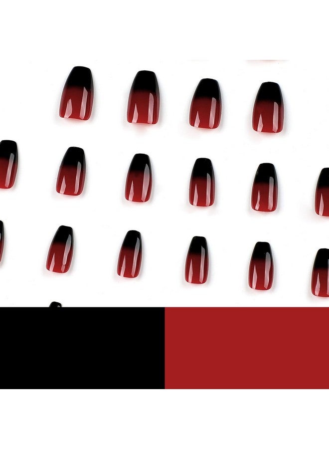 MISUD Press On Nails Medium Coffin Fake Nails Glossy Glue On Nails Ballerina Goth Acrylic Nails Red Black Ombre False Nails With Design Gothic Artificial Nails 24 Pcs - Image 4