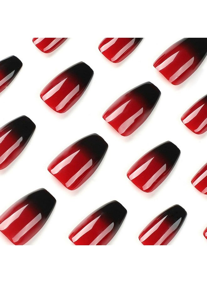 MISUD Press On Nails Medium Coffin Fake Nails Glossy Glue On Nails Ballerina Goth Acrylic Nails Red Black Ombre False Nails With Design Gothic Artificial Nails 24 Pcs - Image 3