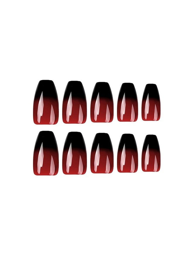 MISUD Press On Nails Medium Coffin Fake Nails Glossy Glue On Nails Ballerina Goth Acrylic Nails Red Black Ombre False Nails With Design Gothic Artificial Nails 24 Pcs - Image 1