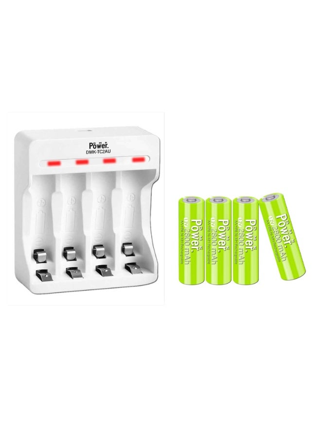 DMK Power High Capacity 4 pieces AA Rechargeable Battery 2800mAh GREEN Color  1.2V NiMH Low Self Discharge with 4 Independent Slot USB Charger