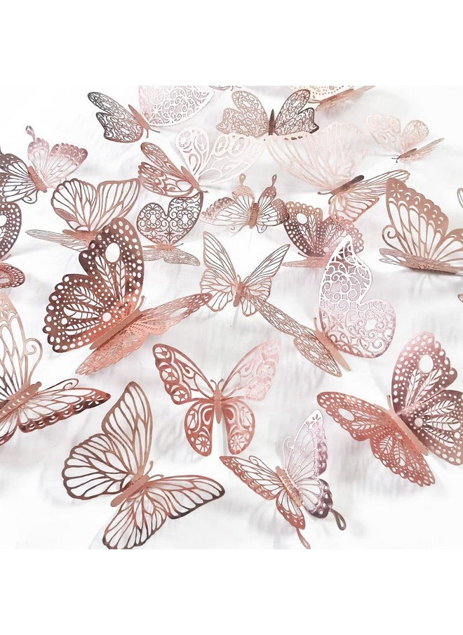 Ewong 60Pcs 3D Butterfly Wall Decal Birthday Cake Party Decoration 5 Style Mural Sticker Art Craft Kid Nursery Classroom Wedding Baby Shower Decorative Girl Bedroom Home Room Office Decor (Rose Gold)  - Image 1