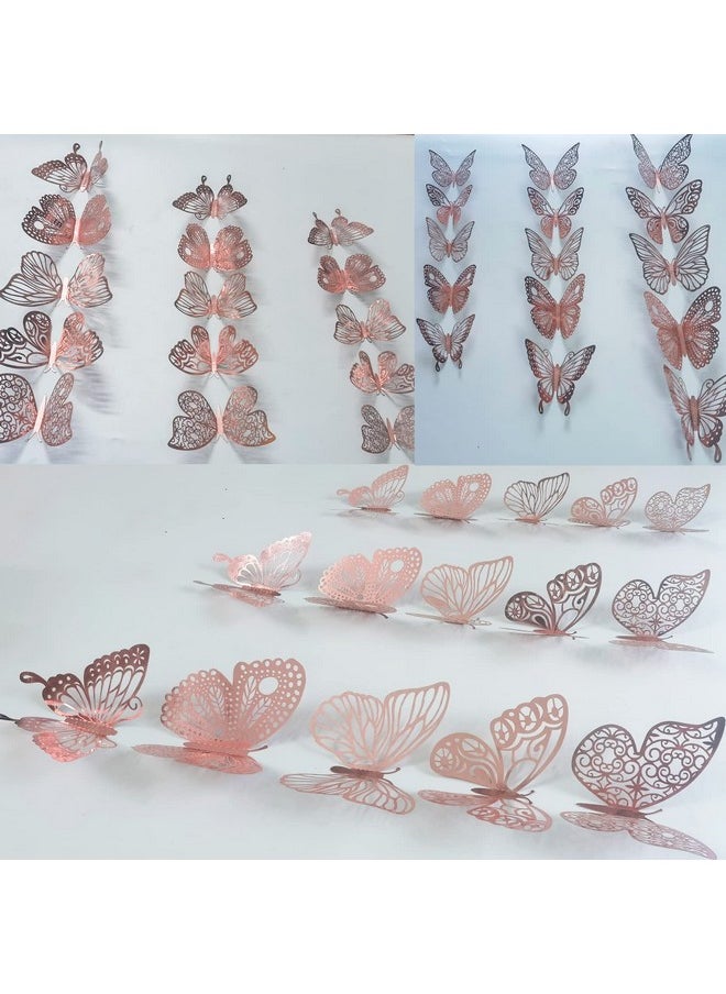 Ewong 60Pcs 3D Butterfly Wall Decal Birthday Cake Party Decoration 5 Style Mural Sticker Art Craft Kid Nursery Classroom Wedding Baby Shower Decorative Girl Bedroom Home Room Office Decor (Rose Gold)  - Image 3