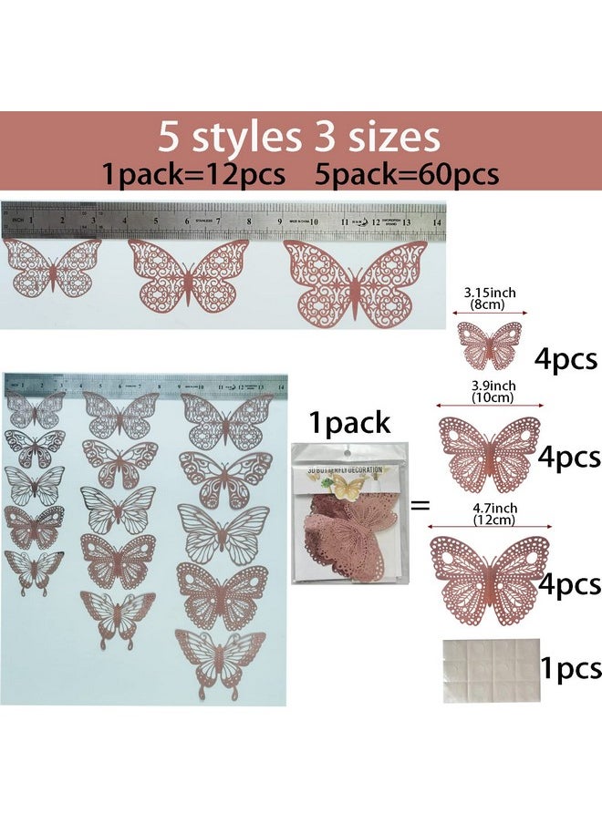 Ewong 60Pcs 3D Butterfly Wall Decal Birthday Cake Party Decoration 5 Style Mural Sticker Art Craft Kid Nursery Classroom Wedding Baby Shower Decorative Girl Bedroom Home Room Office Decor (Rose Gold)  - Image 4