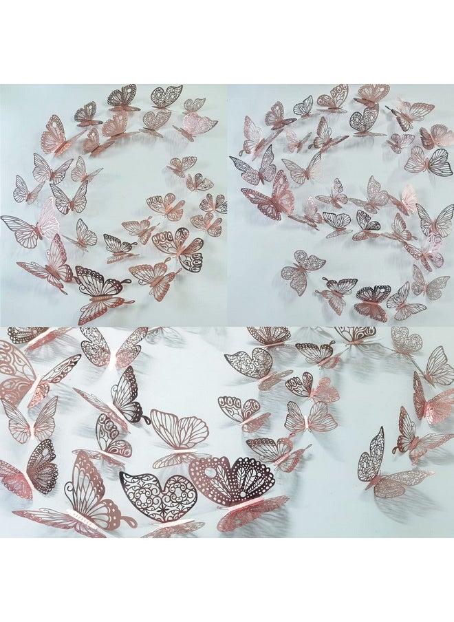 Ewong 60Pcs 3D Butterfly Wall Decal Birthday Cake Party Decoration 5 Style Mural Sticker Art Craft Kid Nursery Classroom Wedding Baby Shower Decorative Girl Bedroom Home Room Office Decor (Rose Gold)  - Image 2
