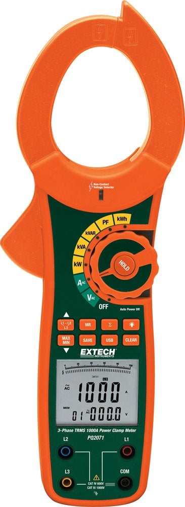 Extech PQ20711000A 13Phase True RMS Power Clamp Meter AC Current Voltage Frequency Power Measurements kW kVA kVAR kWh Power Factor Phase Data Logging with USB