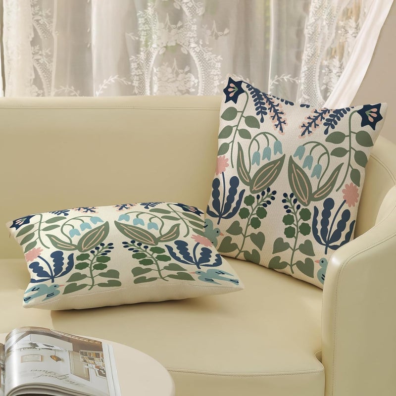 GOLIANDA Boho Navy Blue Green Flower Pillow Covers 18x18 Inch Set of 2 Sage Green Floral Throw Pillows Vintage Flower Outdoor Pillowcase Linen Seasonal Decorations Farmhouse Cushion Case for Sofa Home - Image 5