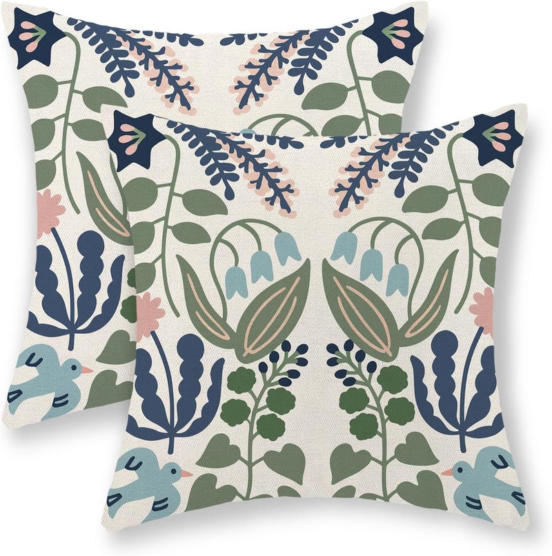 GOLIANDA Boho Navy Blue Green Flower Pillow Covers 18x18 Inch Set of 2 Sage Green Floral Throw Pillows Vintage Flower Outdoor Pillowcase Linen Seasonal Decorations Farmhouse Cushion Case for Sofa Home - Image 1