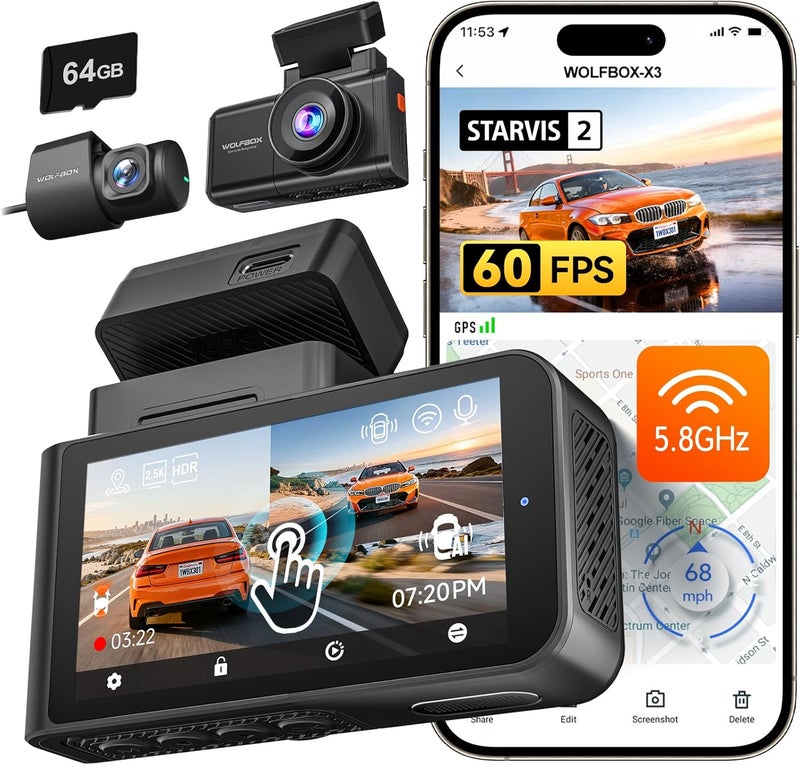 WOLFBOX X3 2.5K 60FPS Dual Dash Cam with WiFi & GPS - Image 1