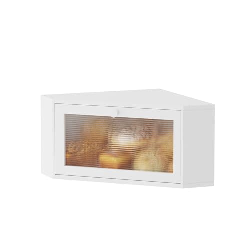 kiplant Corner Bread Box for Kitchen Countertop - Bamboo Wood, Wavy Acrylic Door, Bread Storage Container, Large Bread Holder (White, Medium) - Image 1