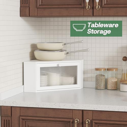 kiplant Corner Bread Box for Kitchen Countertop - Bamboo Wood, Wavy Acrylic Door, Bread Storage Container, Large Bread Holder (White, Medium) - Image 4