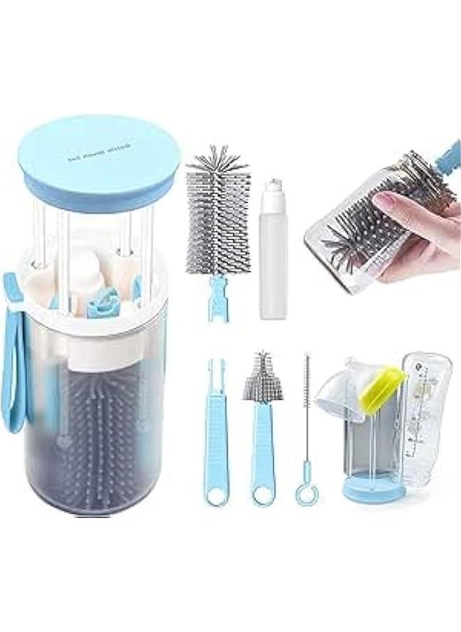 HOOKOR Travel Baby Bottle Brush Set with Extendable Liquid Silicone Bottle Brush，Nipple Brush，Built-in Bottle Drying Rack，Straw Cleaner Brush，Baby Bottle Soap Dispenser，Bottle Warmer (Blue)  - Image 1