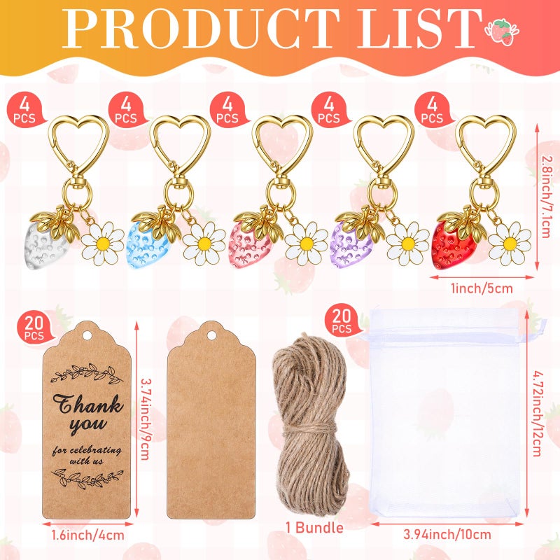 Nosiny 20Set Strawberry Keychain Gifts Pastel Strawberry Party Favor with Thank You Tag Organza Bags Cute Heart Keychain with Daisy Flower Bag Gifts Charms for Guest Berry Sweet Christmas Baby Shower - Image 2