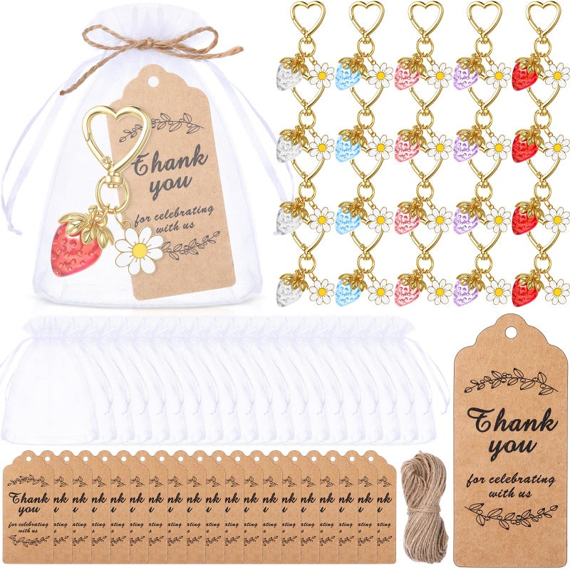 Nosiny 20Set Strawberry Keychain Gifts Pastel Strawberry Party Favor with Thank You Tag Organza Bags Cute Heart Keychain with Daisy Flower Bag Gifts Charms for Guest Berry Sweet Christmas Baby Shower - Image 1