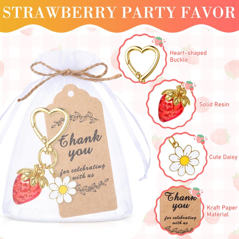 Nosiny 20Set Strawberry Keychain Gifts Pastel Strawberry Party Favor with Thank You Tag Organza Bags Cute Heart Keychain with Daisy Flower Bag Gifts Charms for Guest Berry Sweet Christmas Baby Shower - Image 3