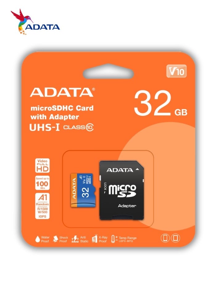 ADATA - Premier 32GB Memory Card MicroSDHC/SDXC UHS-I Class 10 V10 A1 with Adapter | Waterproof, Shockproof, X-ray proof, and Anti-static - Image 1