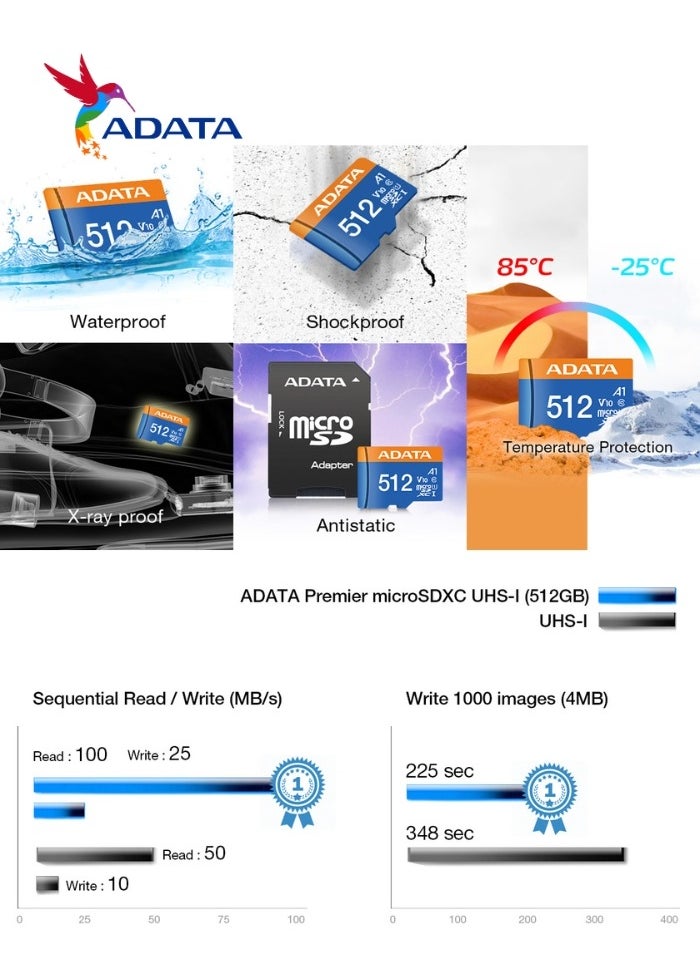ADATA - Premier 32GB Memory Card MicroSDHC/SDXC UHS-I Class 10 V10 A1 with Adapter | Waterproof, Shockproof, X-ray proof, and Anti-static - Image 1