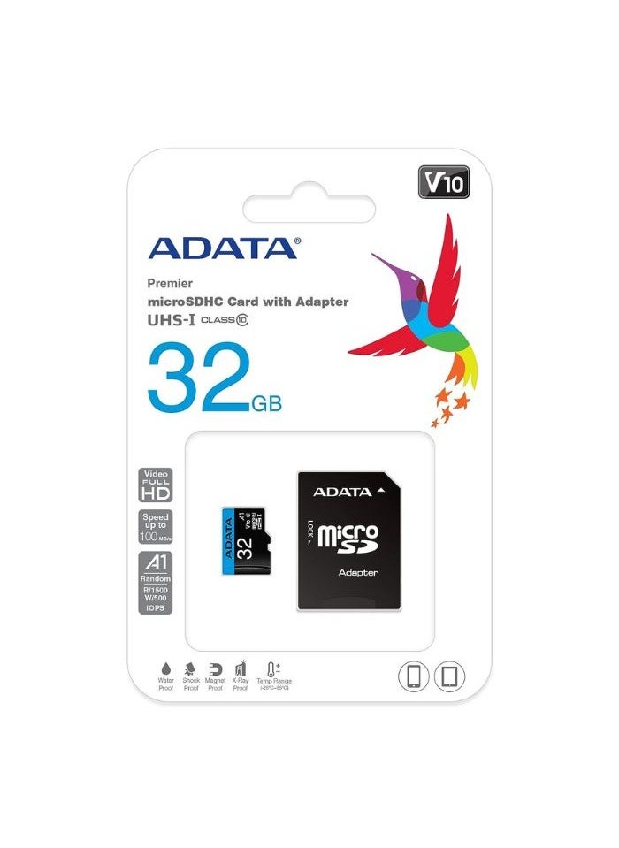 ADATA - Premier 32GB Memory Card MicroSDHC/SDXC UHS-I Class 10 V10 A1 with Adapter | Waterproof, Shockproof, X-ray proof, and Anti-static - Image 1