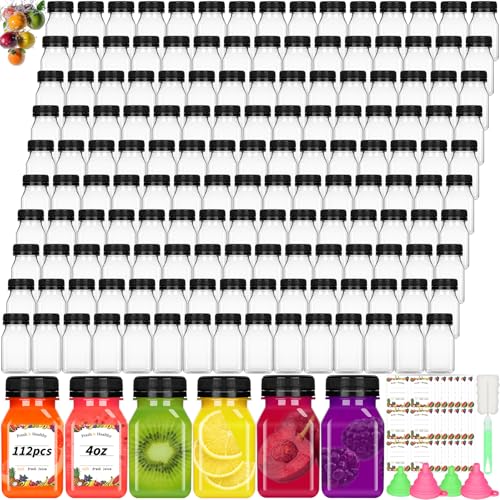UZLU 112 Pcs 4oz Juice Bottles Small Plastic Bottles with Black Caps Mini Clear Ginger Shot Containers with Tamper Proof Lids Reusable Travel Bottles with Funnels Labels for Juice Milk Water - Image 1