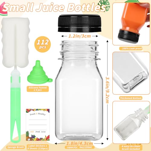 UZLU 112 Pcs 4oz Juice Bottles Small Plastic Bottles with Black Caps Mini Clear Ginger Shot Containers with Tamper Proof Lids Reusable Travel Bottles with Funnels Labels for Juice Milk Water - Image 2