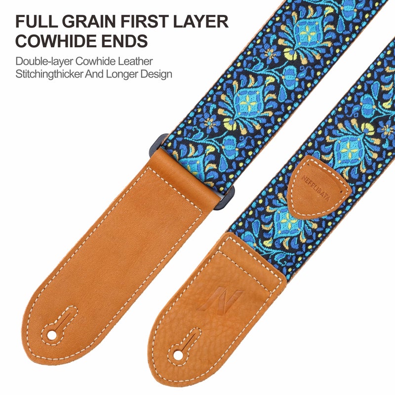 Nefelibata Guitar Strap,Double leather ends,Vintage Woven W/FREE BONUS-4 Picks+Strap Locks+Strap Button,Best Gift For Bass,Electric&Acoustic Guitars for Guitar(Vintage blue yellow embroidery) - Image 3