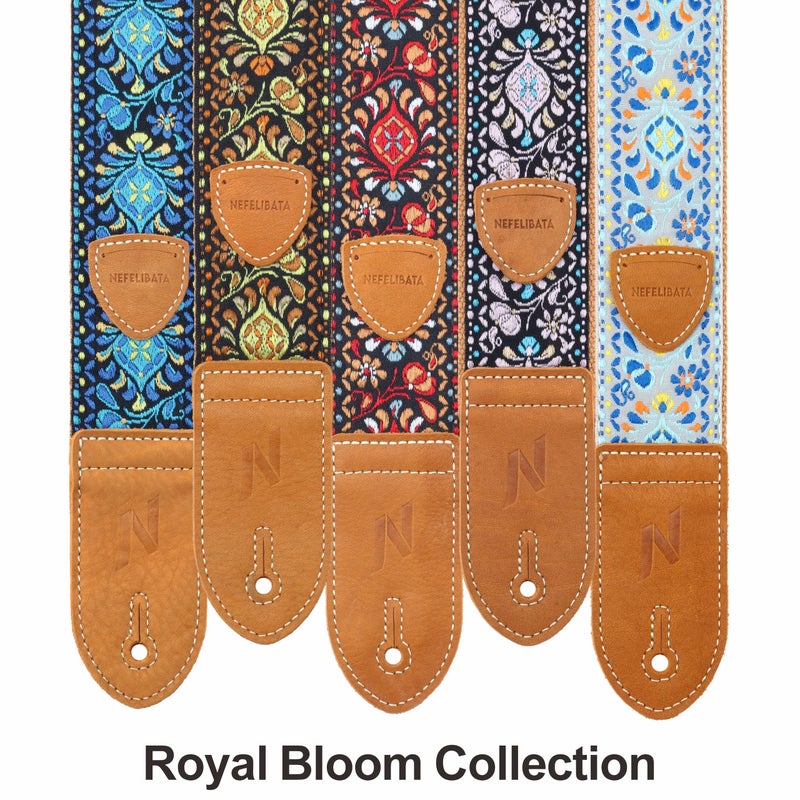 Nefelibata Guitar Strap,Double leather ends,Vintage Woven W/FREE BONUS-4 Picks+Strap Locks+Strap Button,Best Gift For Bass,Electric&Acoustic Guitars for Guitar(Vintage blue yellow embroidery) - Image 4
