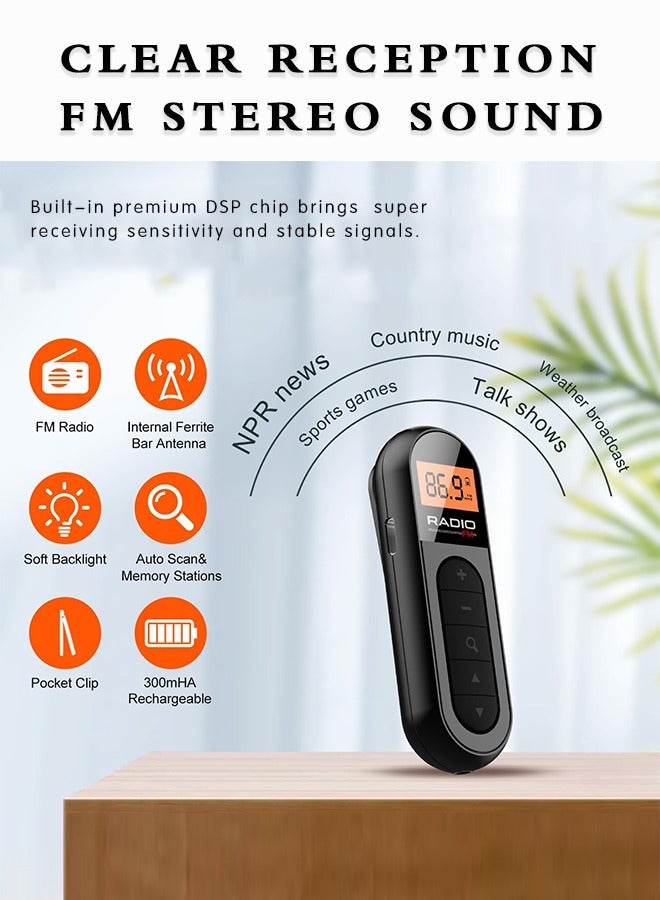RADIO FM Portable Radio, Rechargeable Pocket Radio with Best Reception Digital Tuning, LCD Screen,Belt Clip, Stereo Sound Earphone Jack for Gym, Jogging, Walking, Camping  - Image 4