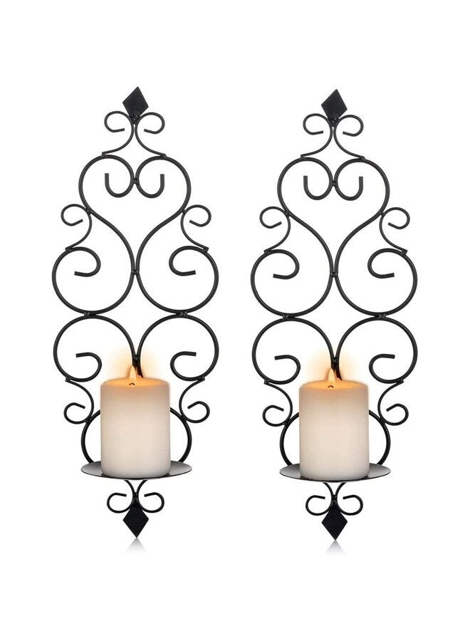مجموعة حامل شموع حائط حديدي مكونة من قطعتين، حامل شموع عمودي معلق على الحائط، ديكور حائط لغرفة النوم وغرفة الطعام (أسود) - Image 1