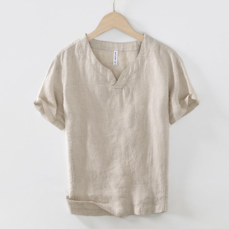 L998 Chinese Style Retro V-Neck Short Sleeve T-Shirt Men'S Casual Loose Summer Linen Base Shirt A Generation Of Hair - Image 4