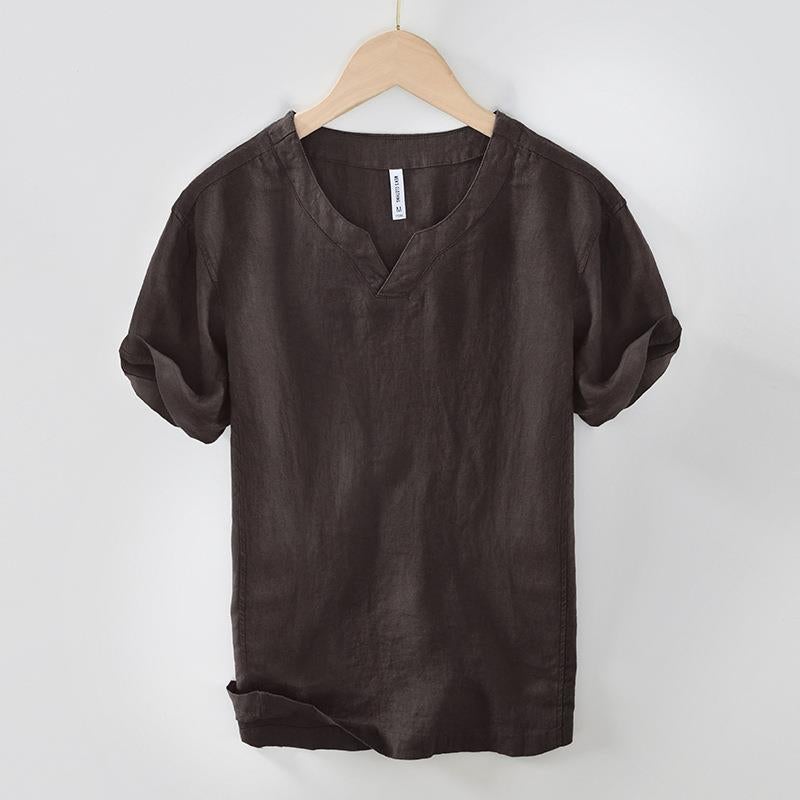 L998 Chinese Style Retro V-Neck Short Sleeve T-Shirt Men'S Casual Loose Summer Linen Base Shirt A Generation Of Hair - Image 2