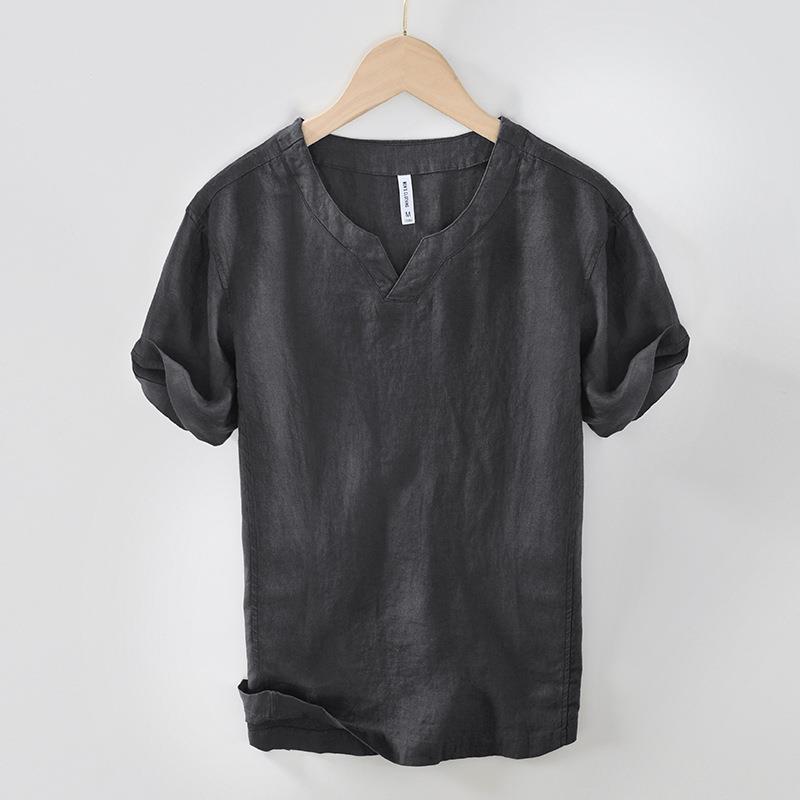 L998 Chinese Style Retro V-Neck Short Sleeve T-Shirt Men'S Casual Loose Summer Linen Base Shirt A Generation Of Hair - Image 1