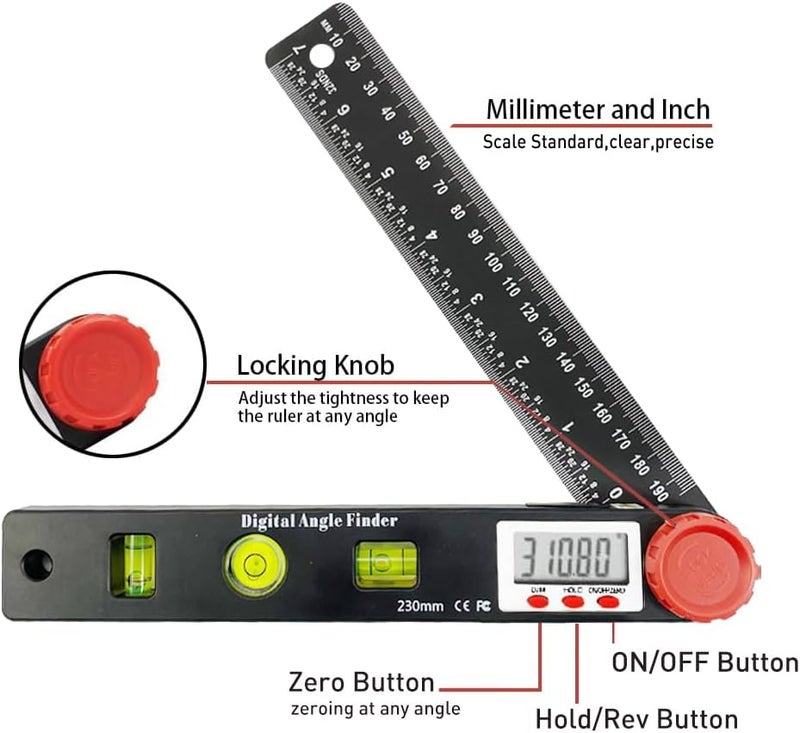 NORTOOLS Digital Angle Finder Protractor-7inch 0-360 °LCD Digital Protractor Ruler, ±0.5° Accuracy Measuring Tool for Woodworking/Construction/DIY/Miter Saw (Metric/Inch, 2 Batteries Included) - Image 2