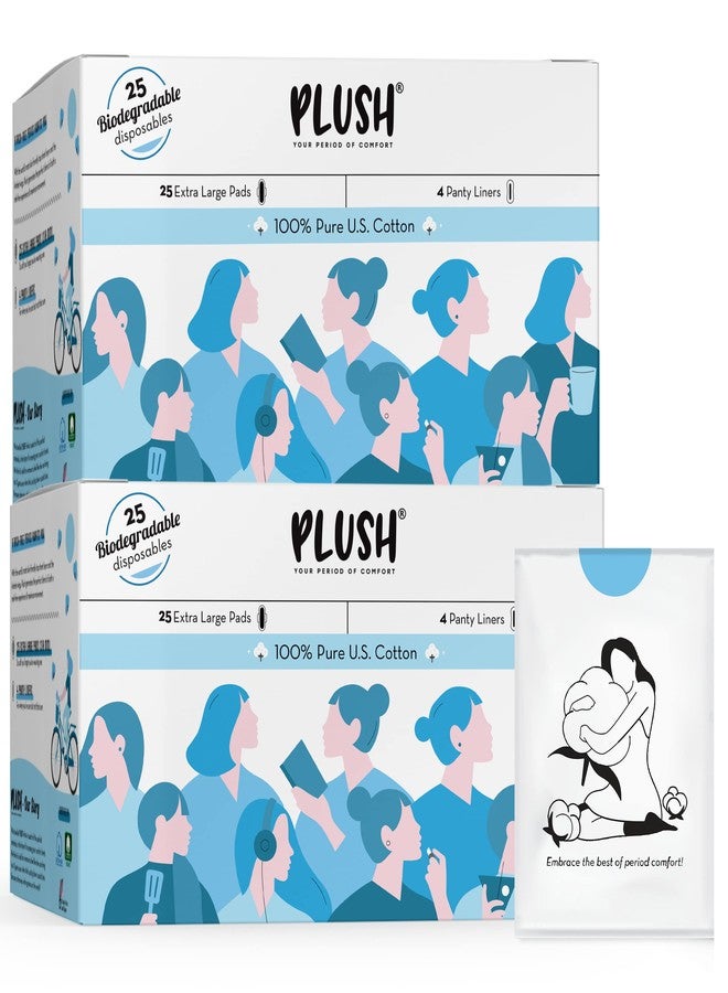 Plush Ultra-Thin Sanitary Pads For Women, 25 XL Natural Cotton Sanitary Napkins- Pack of 2 | 25 Medium Flow XL + 4 Panty Liners For Rash Free Periods | Pure U.S. Cotton Pads With Disposable Pouch - Image 1