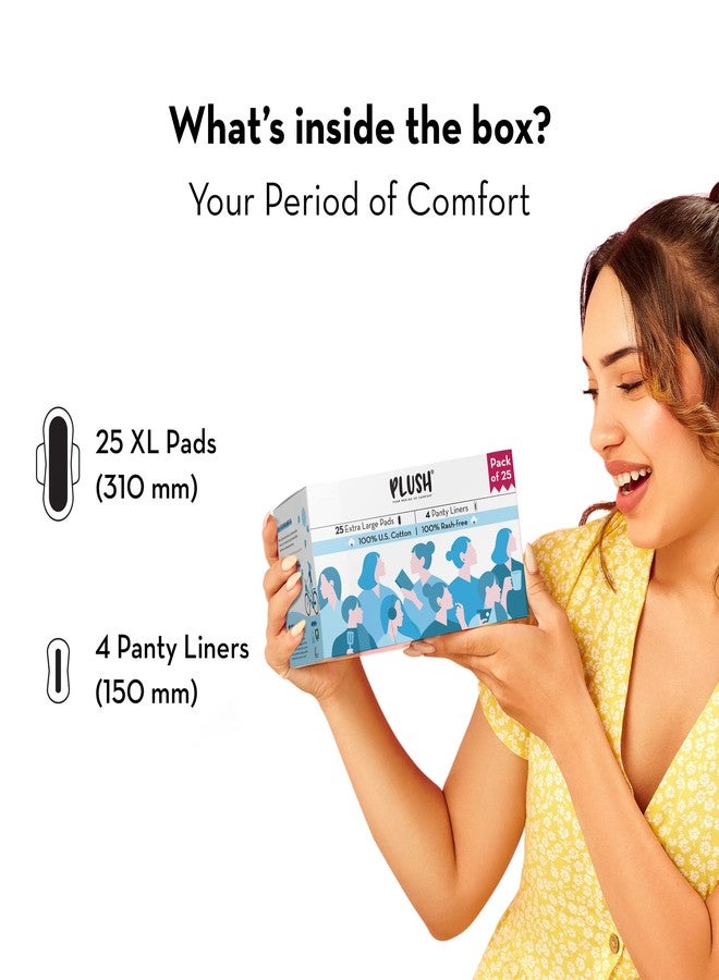 Plush Ultra-Thin Sanitary Pads For Women, 25 XL Natural Cotton Sanitary Napkins- Pack of 2 | 25 Medium Flow XL + 4 Panty Liners For Rash Free Periods | Pure U.S. Cotton Pads With Disposable Pouch - Image 2