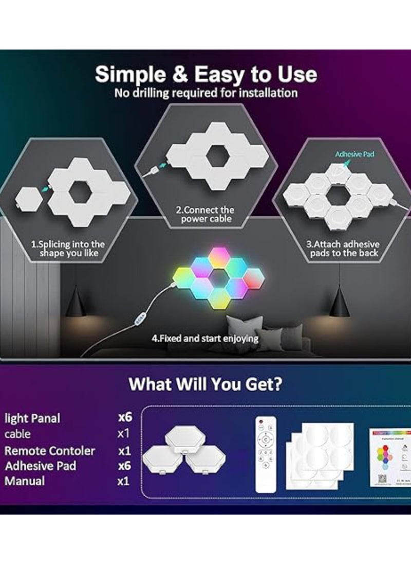 6 Pieces LED Wall Hexagon Lights Remote Control Hex Smart Modular Light Panels Touch Sensitive Modular RGB Colorful Light with USB Power Decoration for Gaming Bedroom Living Room