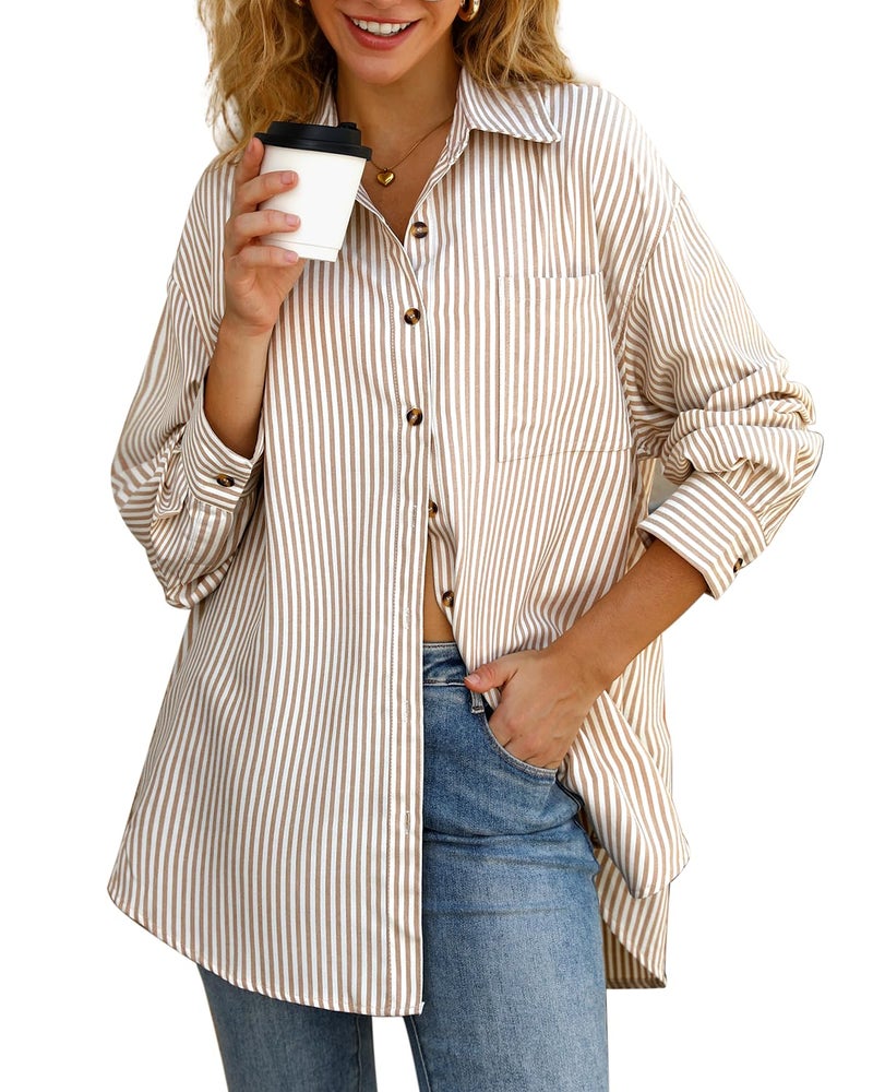 CHYRII Womens Striped Button Down Shirt Casual Long Sleeve Blouse Top Creamy Apricot-7174 XL - Image 3