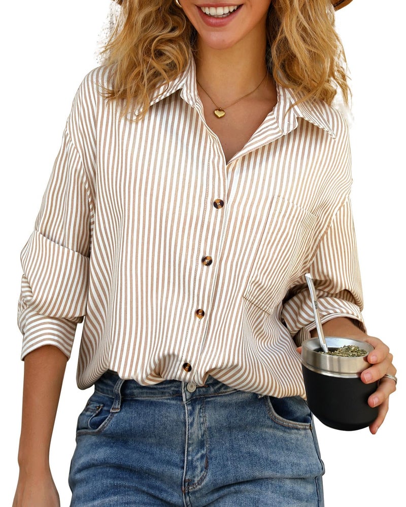 CHYRII Womens Striped Button Down Shirt Casual Long Sleeve Blouse Top Creamy Apricot-7174 XL - Image 1