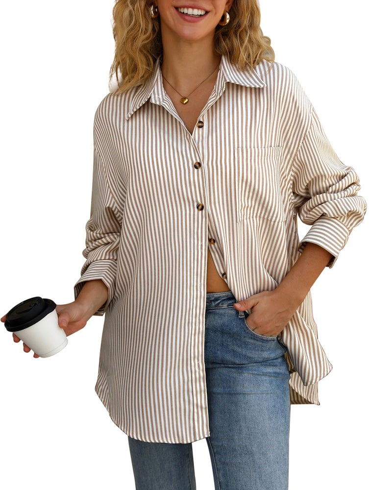 CHYRII Womens Striped Button Down Shirt Casual Long Sleeve Blouse Top Creamy Apricot-7174 XL - Image 4