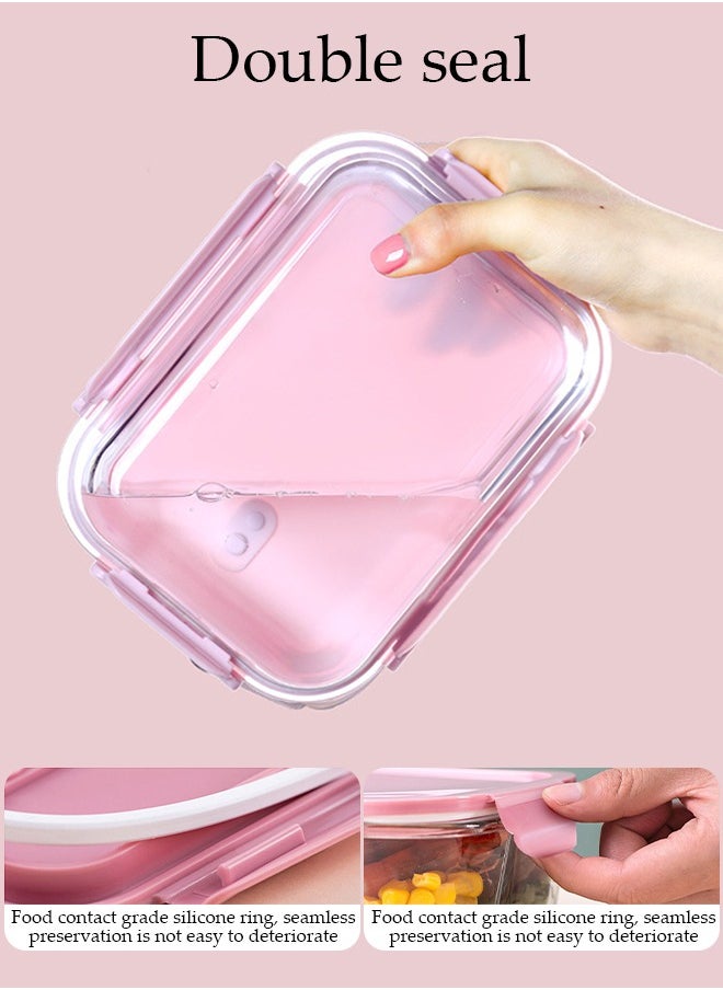 Generic - 3 Pieces Glass Kitchen Meal Preparation Container, Glass Meal Boxes, Glass Bowls 410ml, 680ml, 650ml, Refrigerator Frozen Food Sealed Preservation Box, Microwave Heating Glass Meal Box, Pink Color - Image 1