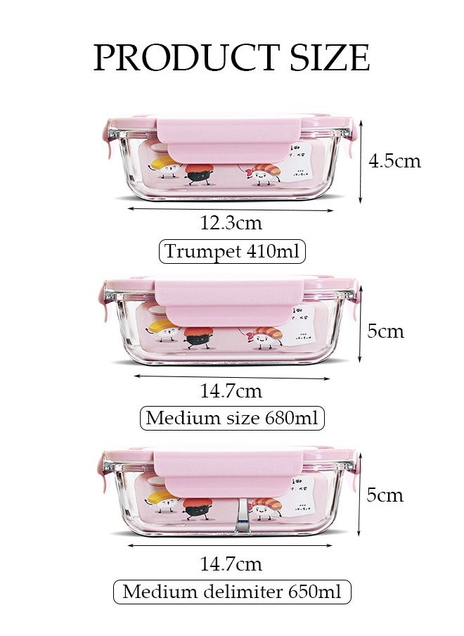 Generic - 3 Pieces Glass Kitchen Meal Preparation Container, Glass Meal Boxes, Glass Bowls 410ml, 680ml, 650ml, Refrigerator Frozen Food Sealed Preservation Box, Microwave Heating Glass Meal Box, Pink Color - Image 1