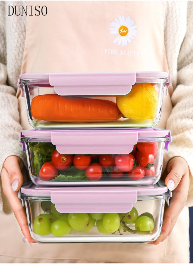 Generic - 3 Pieces Glass Kitchen Meal Preparation Container, Glass Meal Boxes, Glass Bowls 410ml, 680ml, 650ml, Refrigerator Frozen Food Sealed Preservation Box, Microwave Heating Glass Meal Box, Pink Color - Image 1