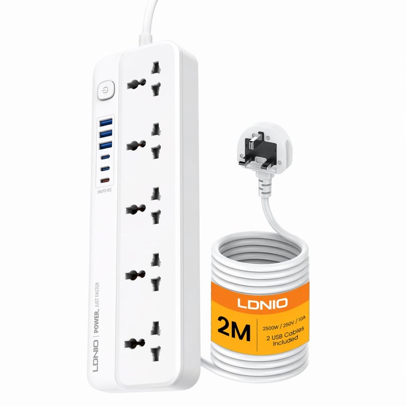 LDNIO sc5614 power strip surge protector with 5 ac outlets and 6 usb charging ports 2m long extension cord for home office white - Image 1